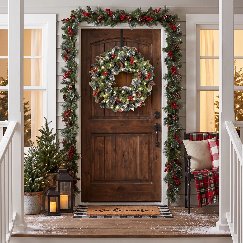 A festive holiday front door decorated with a green garland and matching wreath with red berries and warm white lights, set on a porch with a wooden door, a welcome doormat, candles, and a plaid chair.