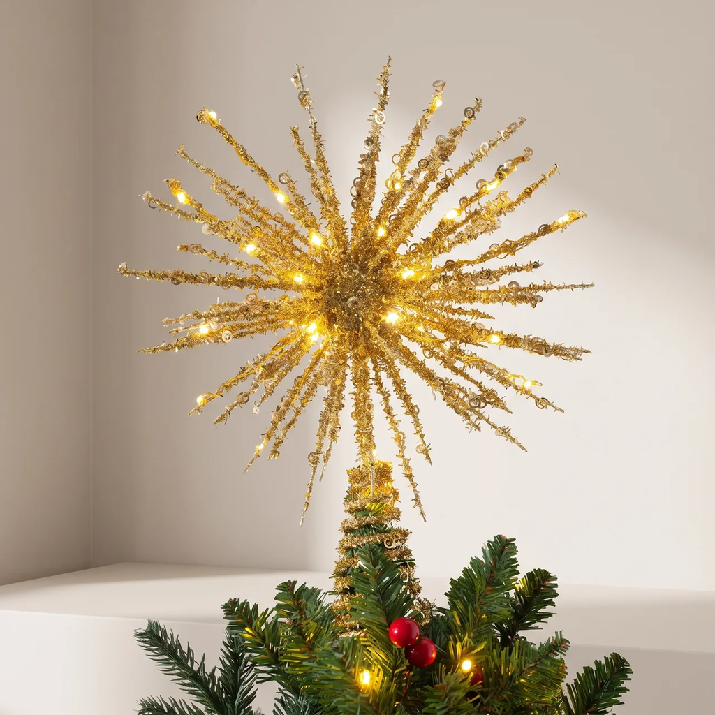 Christmas Tree Topper with Gold and Silver Starburst Design and LED Lights