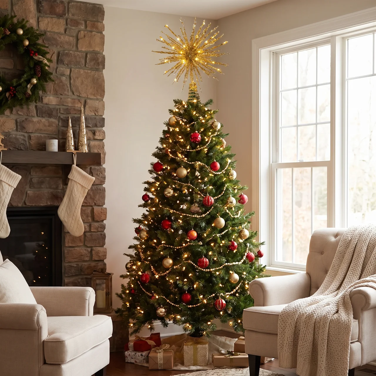 A decorated Christmas tree stands in a cozy living room beside a stone fireplace, with stockings, chairs, and wrapped gifts visible. The tree is green with warm white lights, red and gold ornaments, and a large gold star topper.