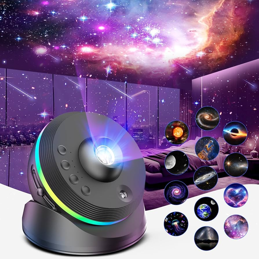 Space-themed projector with galaxy projections on a ceiling, surrounded by planet illustrations.
