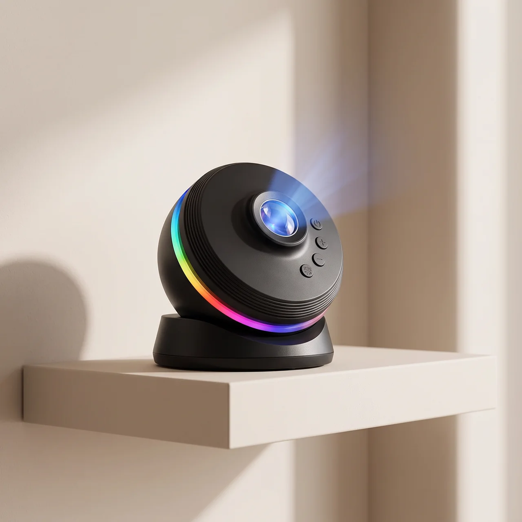 A black spherical light projector device with a glowing multicolor ring and blue lens, resting on a beige shelf against a warm beige wall with soft sunlight and shadows.