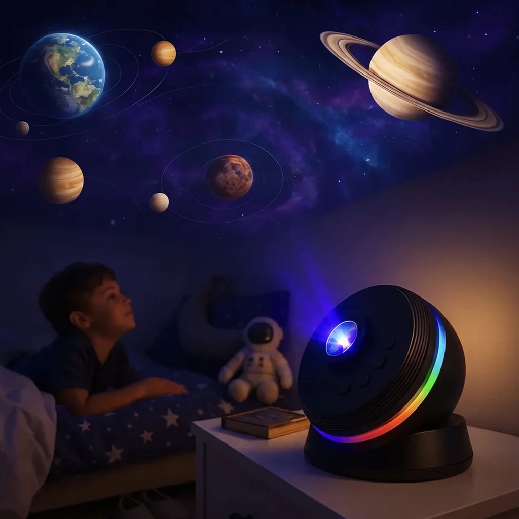 A children's bedroom scene with a boy lying in bed looking up at a projected space scene on the wall. The room is dimly lit, and a black spherical projector with a rainbow light ring sits on a bedside table, casting a galaxy of blue, purple, and pink light across the wall with planets and stars.