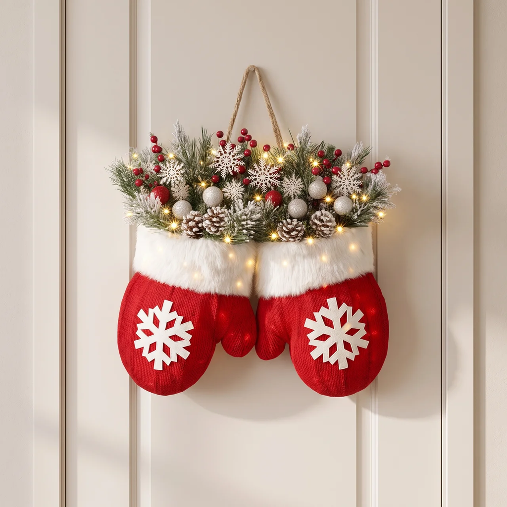 A festive Christmas wreath shaped like a pair of red mitten stockings hanging on a cream paneled door. The top of the wreath is decorated with artificial pine branches, white snowflakes, pinecones, red berries, and warm white string lights.