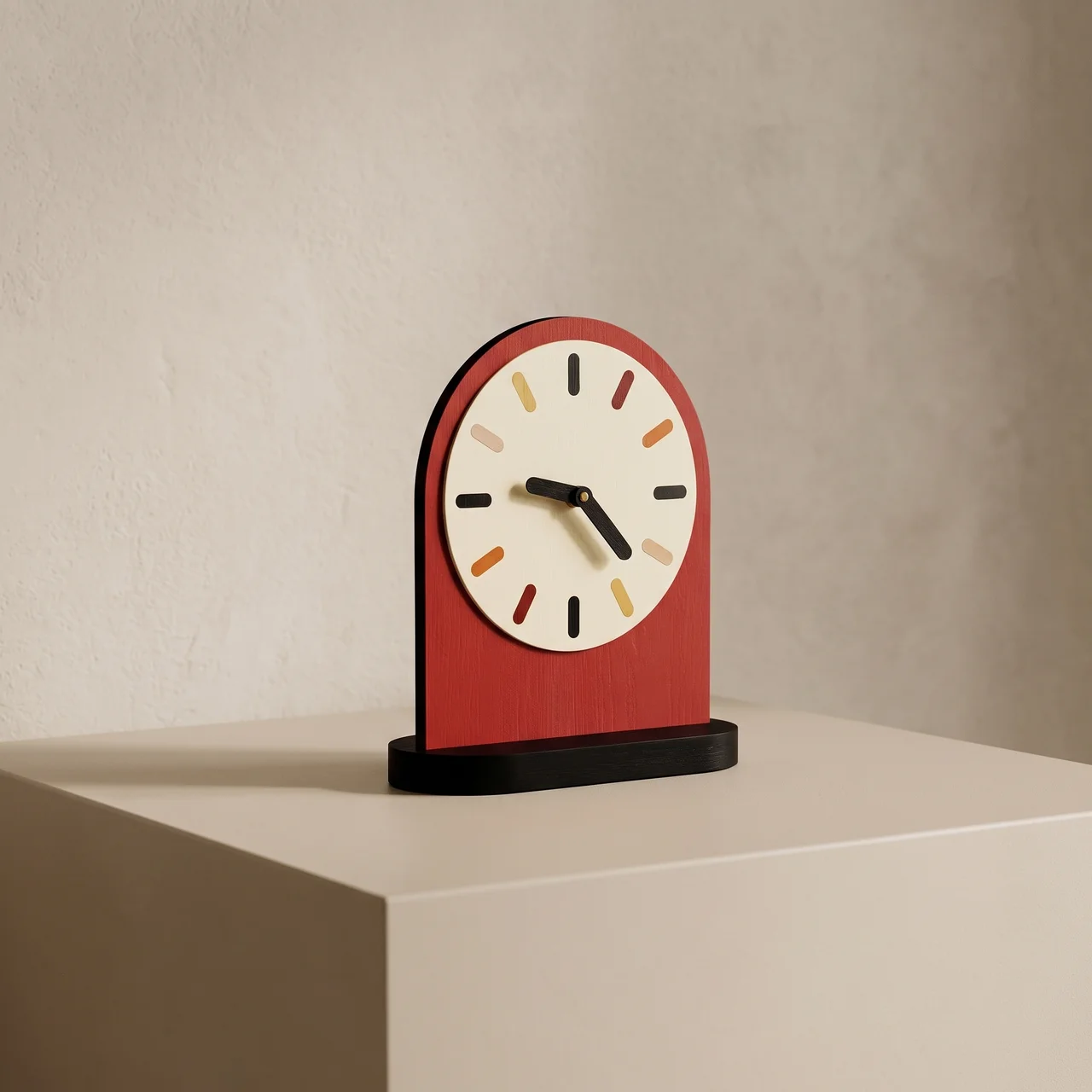 A modern arched red wooden table clock with a cream-colored face, black hands, and colorful geometric hour markers, displayed on a minimalist beige pedestal against a textured beige wall.
