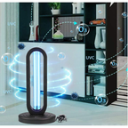 A black UV light insect trap lamp with glowing blue UV light bars stands on a round base in front of a modern black and white shelving unit. The image is overlaid with graphic elements showing ozone (O3) and UVC waves to illustrate its pest control and air purification benefits.