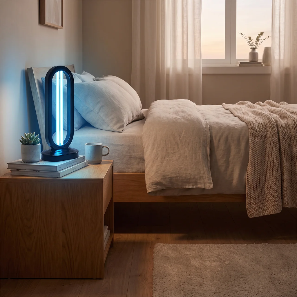 A modern oval LED night light with a black frame and glowing blue light, styled on a wooden bedside table next to a bed in a softly lit bedroom.