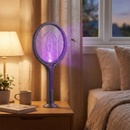A mosquito trap light with a tennis racket design stands on a wooden bedside table in a bedroom. The device glows with a purple light, attracting a small mosquito, while a lamp, mug, book, and bed are visible in the softly lit room.