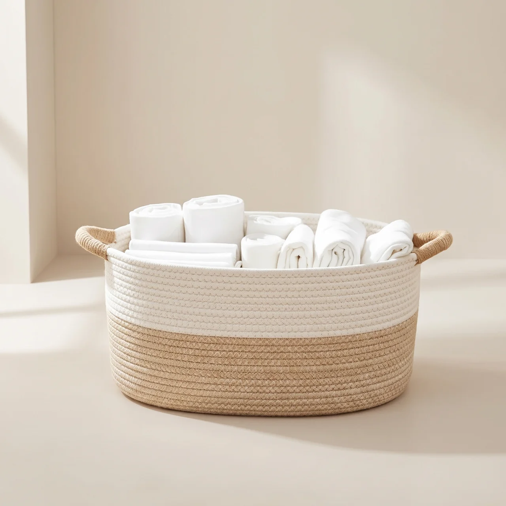 A round woven storage basket with two handles, featuring a cream and natural beige striped design, filled with rolled white towels, set against a minimalist beige background.