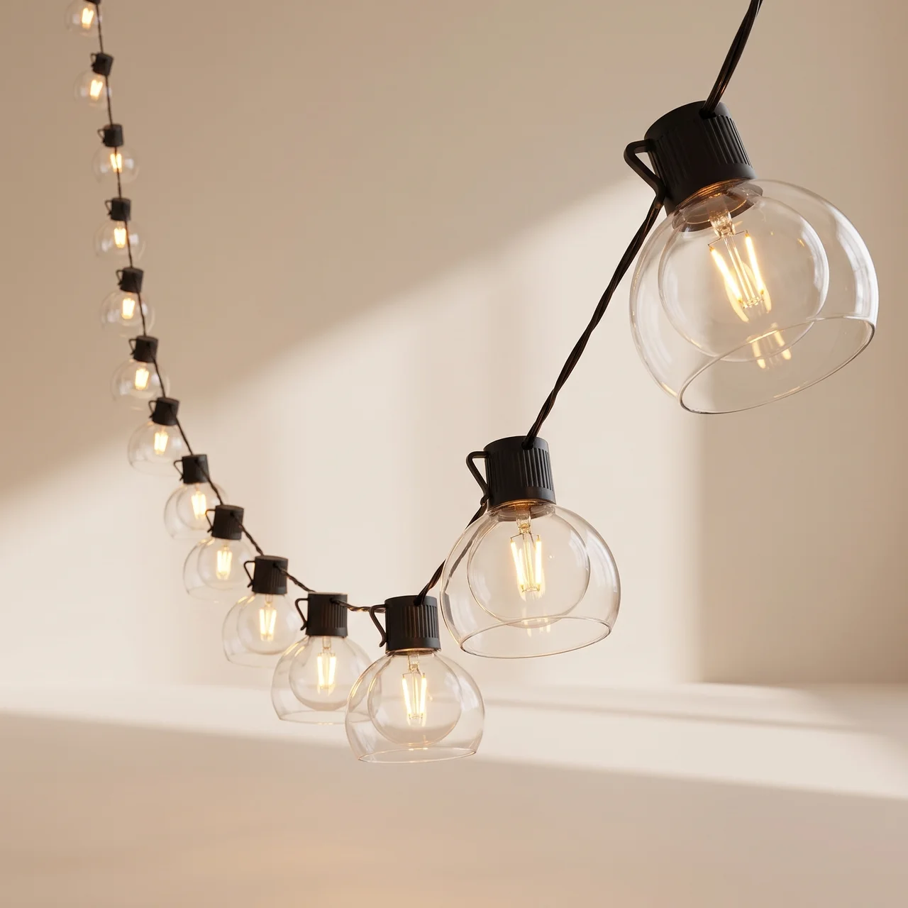 String lights with clear glass globe bulbs and black sockets, hanging against a warm beige wall with sunlight casting soft shadows.