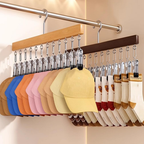 Overhead closet organizer with a metal rod, wooden hanger bars, and multiple clips holding assorted baseball caps and socks in a closet corner.