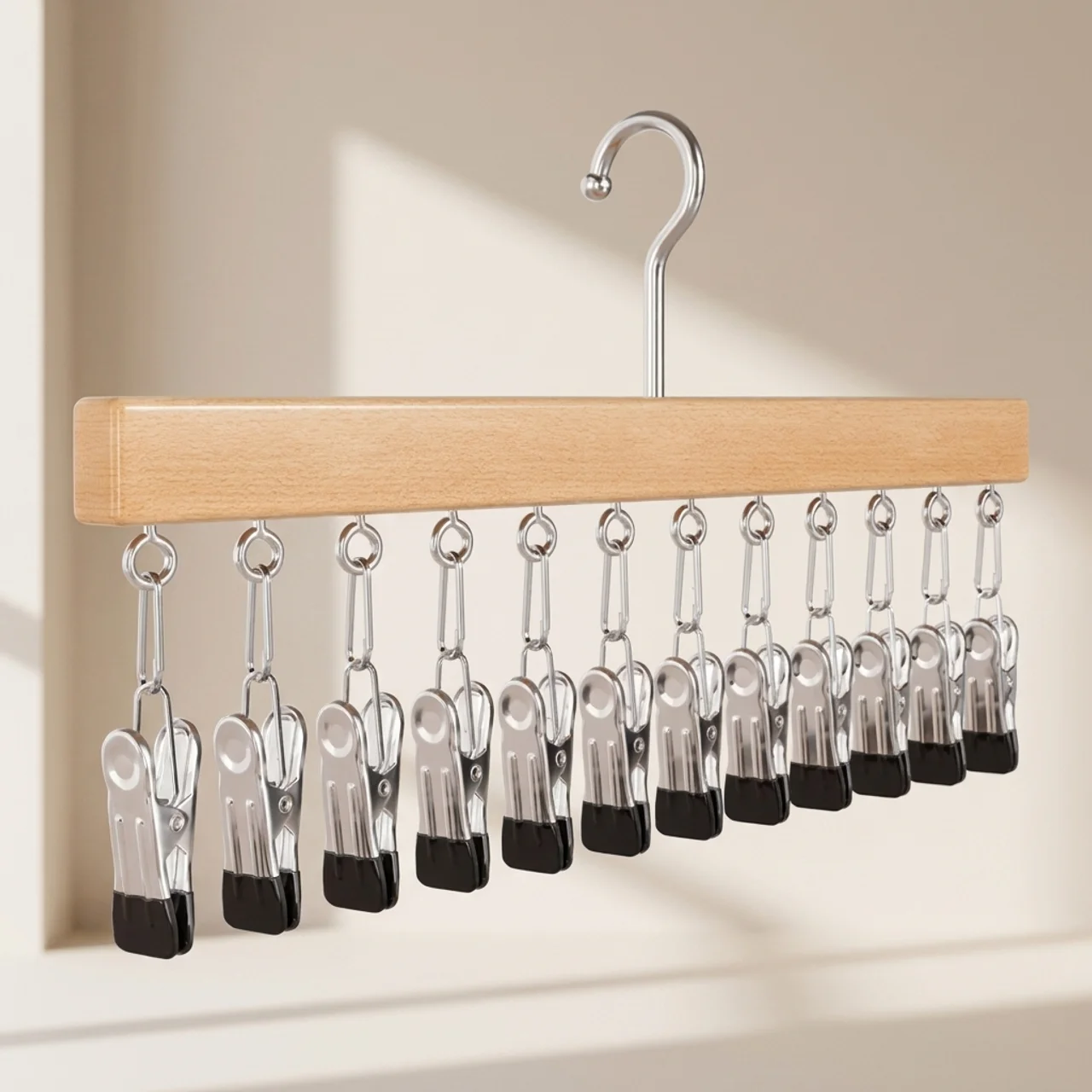 A wooden clothes hanger with a metal hook and multiple silver spring clips with black rubber feet, shown hanging against a beige wall.