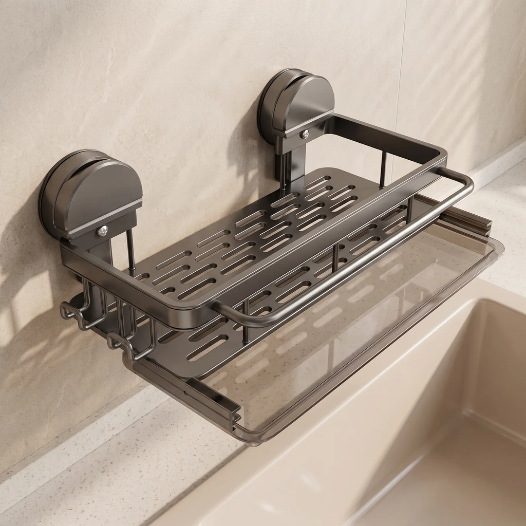 A dark gray metal sink shelf with suction cup mounts, shown attached to a beige tiled wall above a sink.