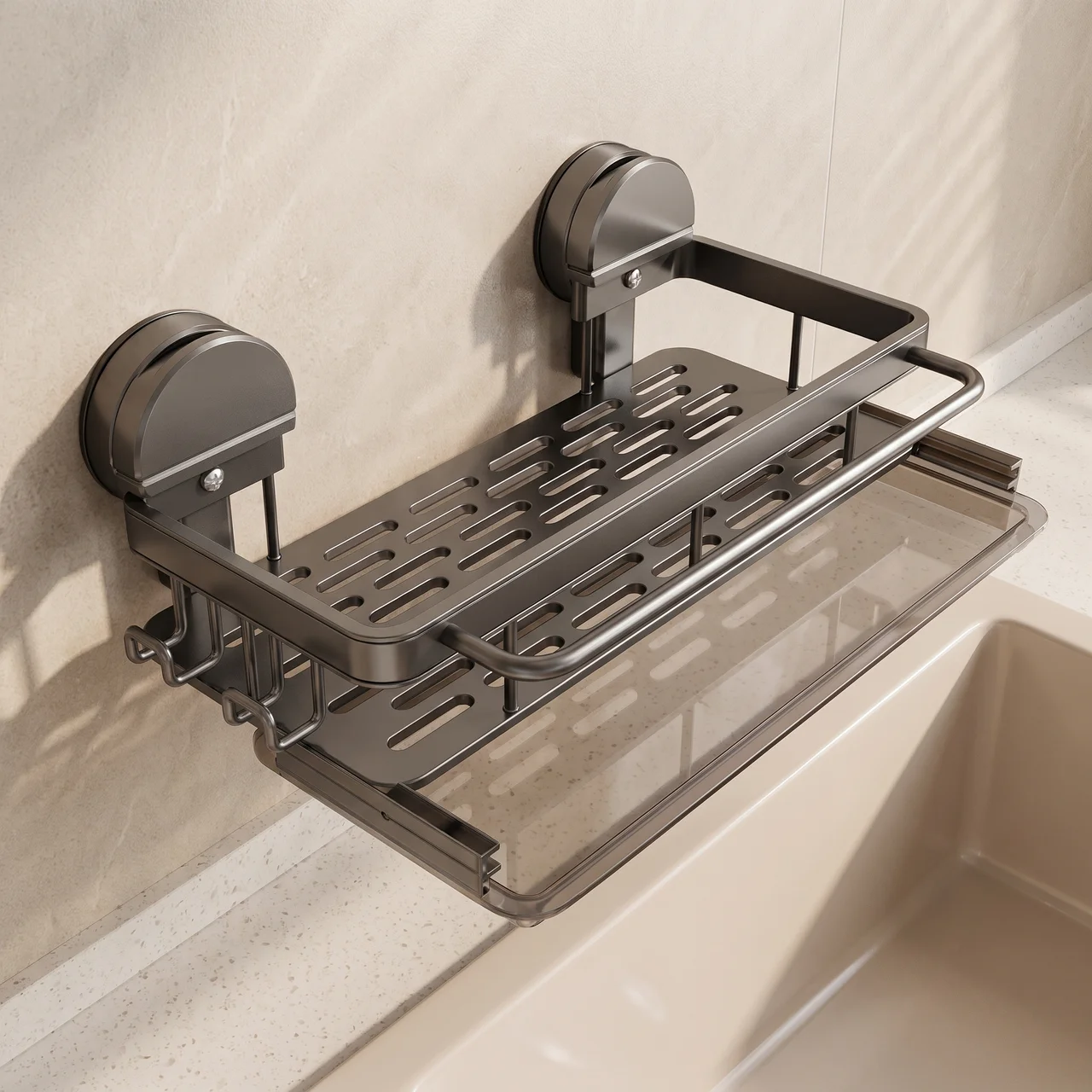 A dark gray metal sink shelf with suction cup mounts, shown attached to a beige tiled wall above a sink.