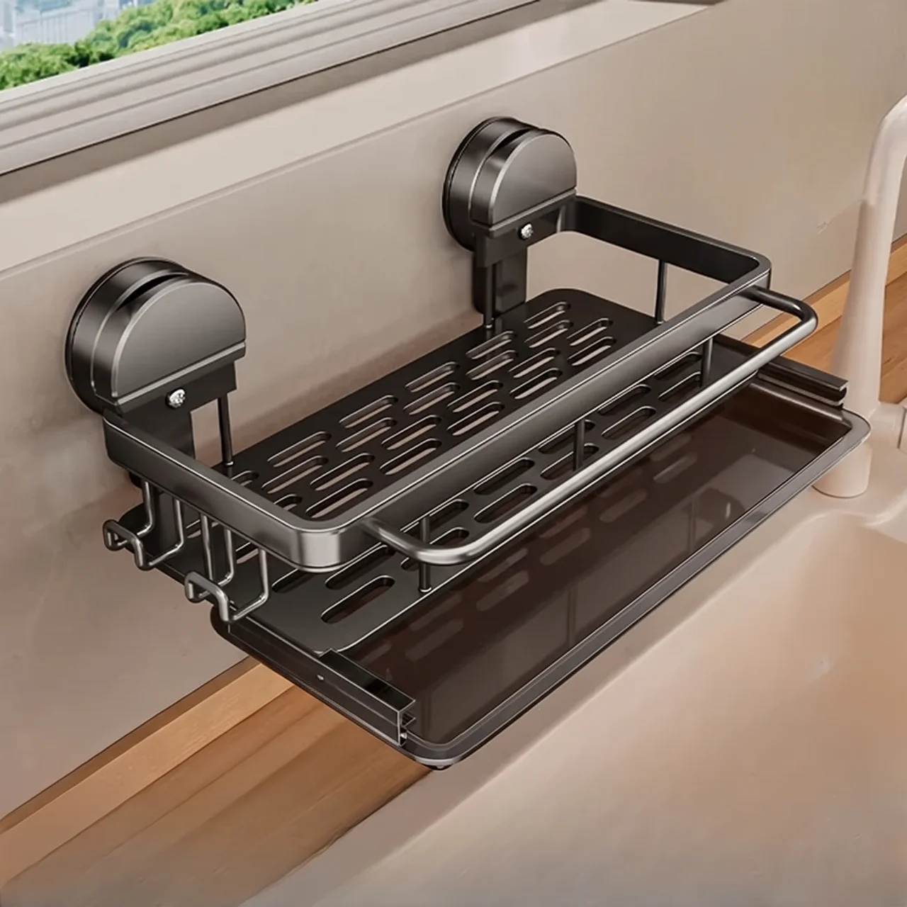 A dark gray metal wall-mounted bathroom shelf with two suction cup holders, shown attached to a beige wall above a sink.