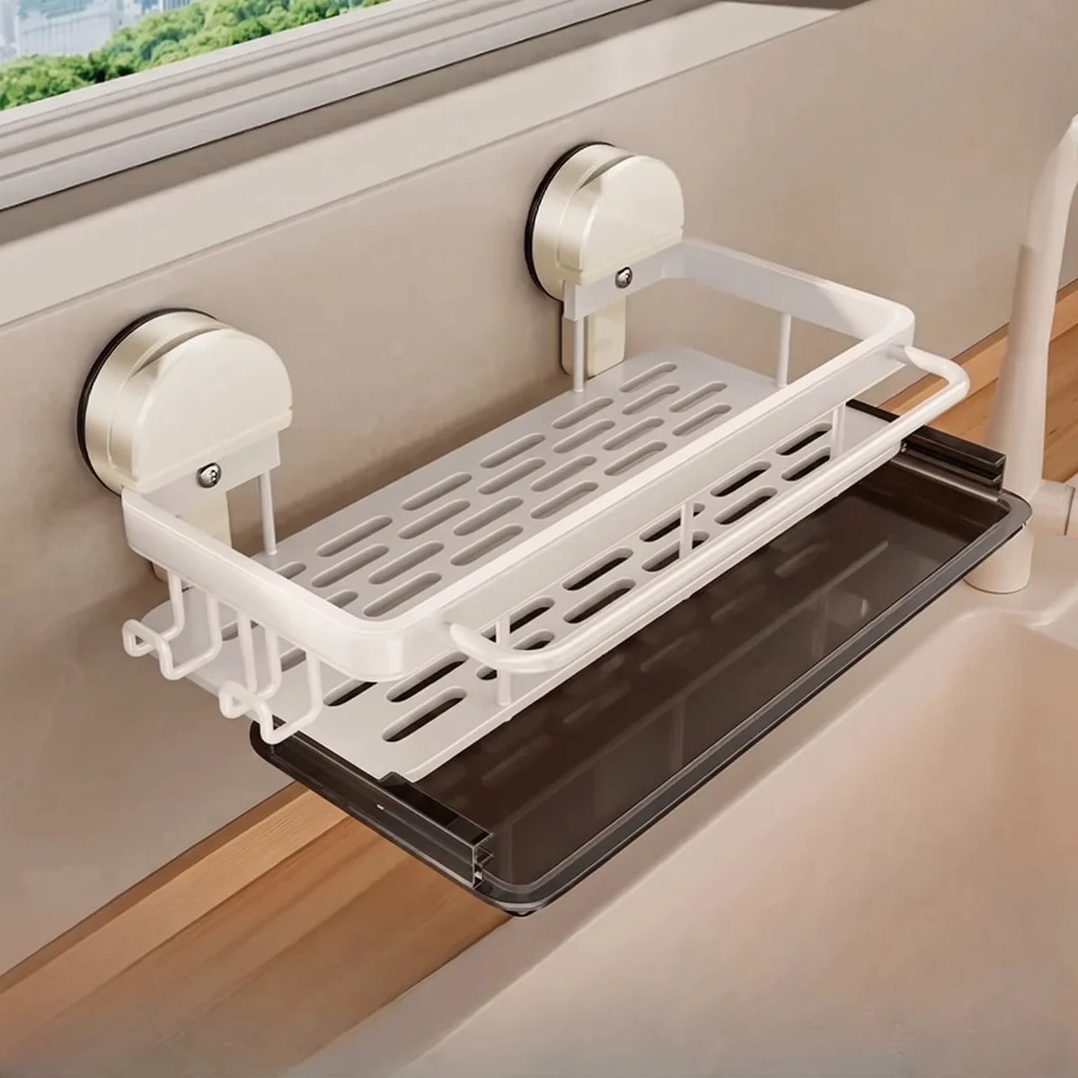 White plastic wall-mounted bathroom shelf with suction cups and a dark tray, shown installed on a bathroom wall near a sink.