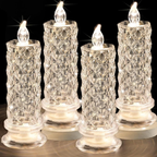 Set of four crystal-like candle lights on a reflective surface with a dark background