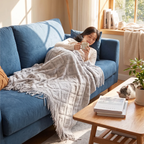 A woman relaxes on a blue sofa in a sunlit living room, wrapped in a light gray patterned throw blanket and holding a mug. A wooden coffee table with books and a small plant sits in the foreground, and a cat rests on the table.