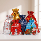 Christmas Drawstring Gift Wrapping Bags Reusable Holiday Bags with Santa and Reindeer Designs