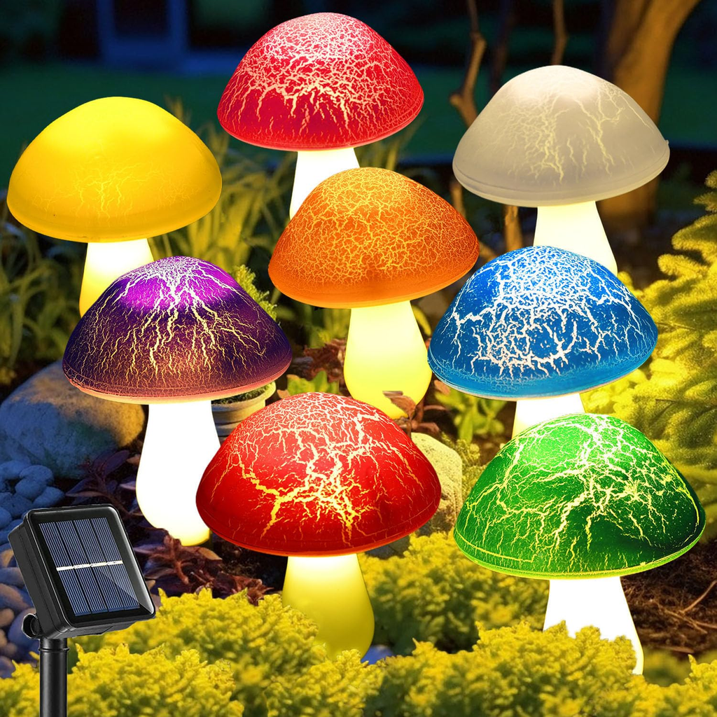 Solar Mushroom Garden Lights with Cracked Glass Cap and Detachable Solar Panel