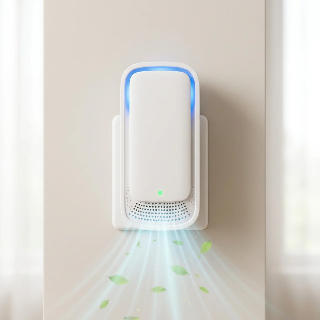 A white wall-mounted electronic device with a glowing blue top border and a small green indicator light, shown against a beige wall with soft light rays and green leaf graphics emanating downward.