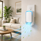 A white electronic air purifier or wall-mounted air freshener device plugged into a wall outlet, shown in a bright living room setting with blue airflow effects and green leaf graphics indicating purification.