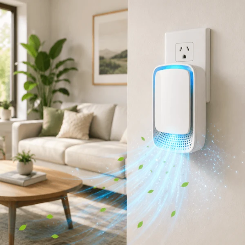 A white electronic air purifier or wall-mounted air freshener device plugged into a wall outlet, shown in a bright living room setting with blue airflow effects and green leaf graphics indicating purification.