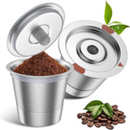 Stainless steel coffee filter with ground coffee and coffee beans on a white background