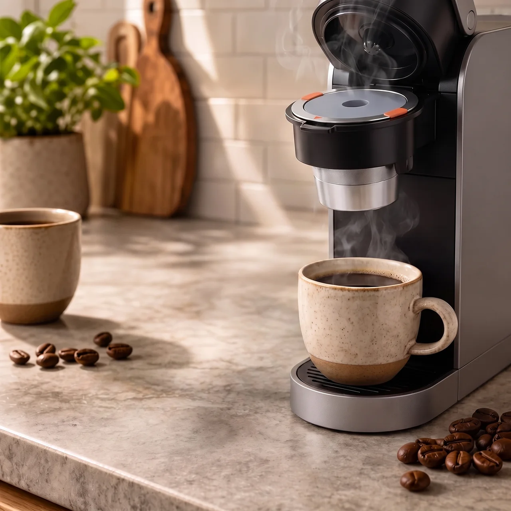 A modern coffee machine on a marble countertop brewing coffee, with a steaming cup placed under the spout. Another cup, scattered coffee beans, and a softly blurred kitchen background are visible.