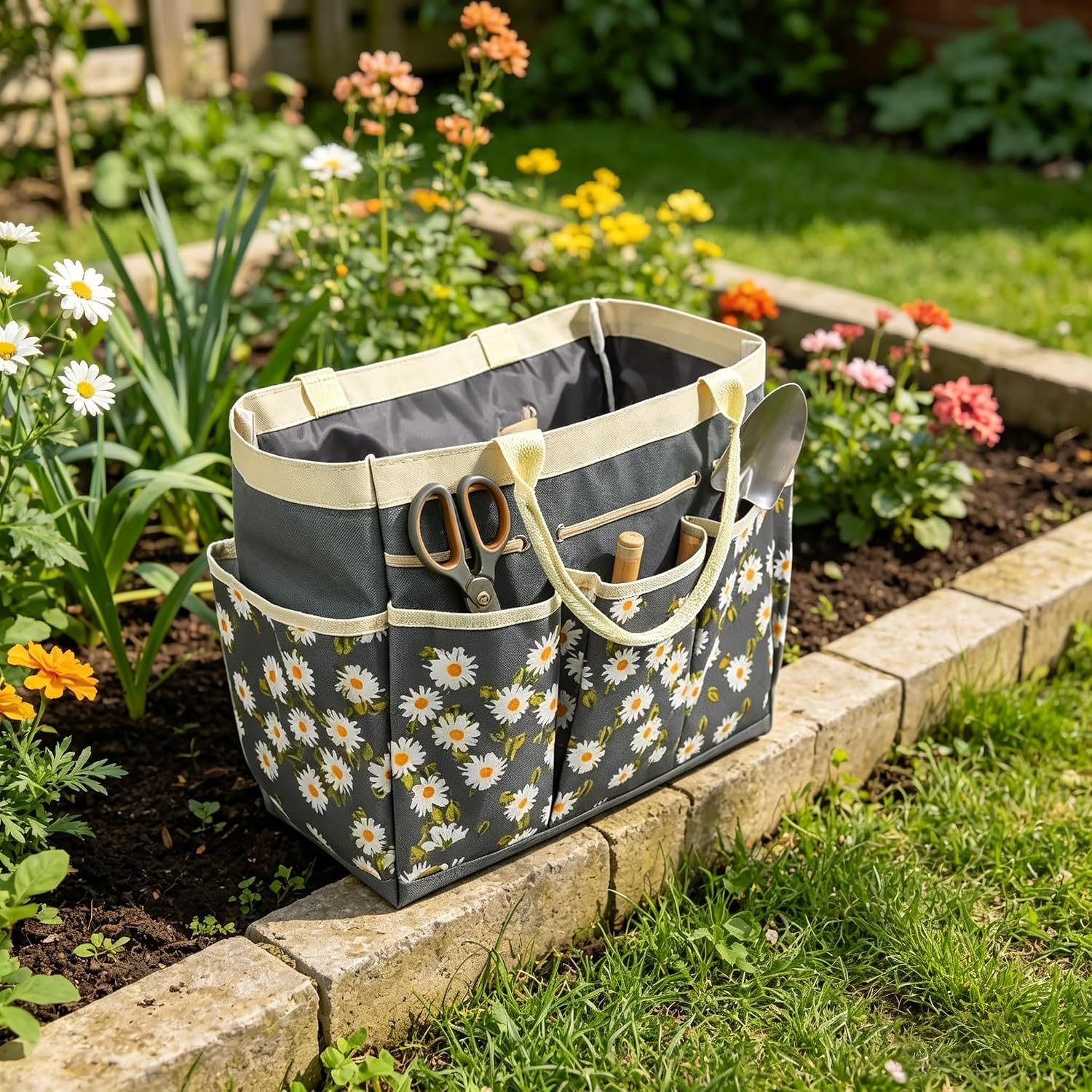 A gray fabric gardening tote bag with a white daisy floral print, beige handles, and storage pockets, shown sitting on a stone garden bed with flowers and grass in the background.
