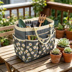 A gray fabric garden tote bag with a white daisy floral print sits on a wooden table in a garden setting. The bag contains gardening tools like a trowel, hand fork, and cultivator, and is surrounded by potted succulents.