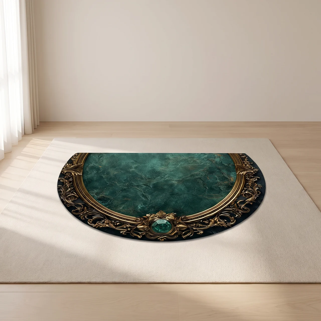 A decorative oval area rug with a faux antique gold frame and a teal-green marble-like center, shown on a light beige floor in a minimalist room setting.