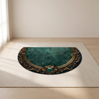 A decorative oval area rug with a faux antique gold frame and a teal-green marble-like center, shown on a light beige floor in a minimalist room setting.