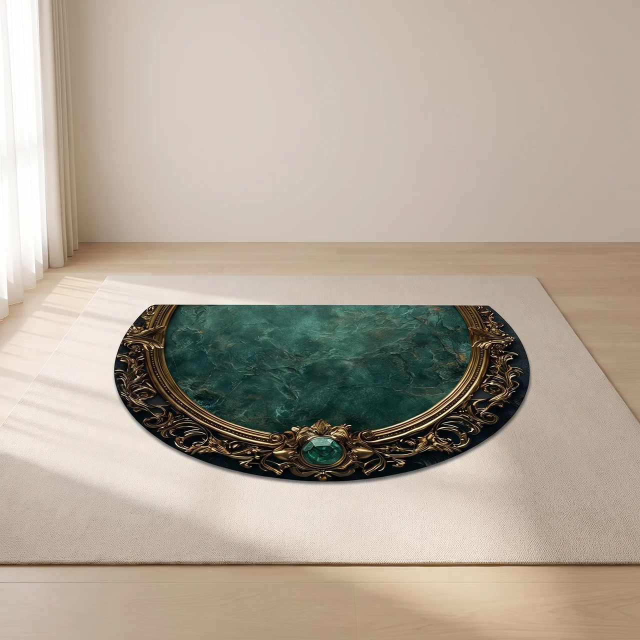 A decorative oval area rug with a faux antique gold frame and a teal-green marble-like center, shown on a light beige floor in a minimalist room setting.