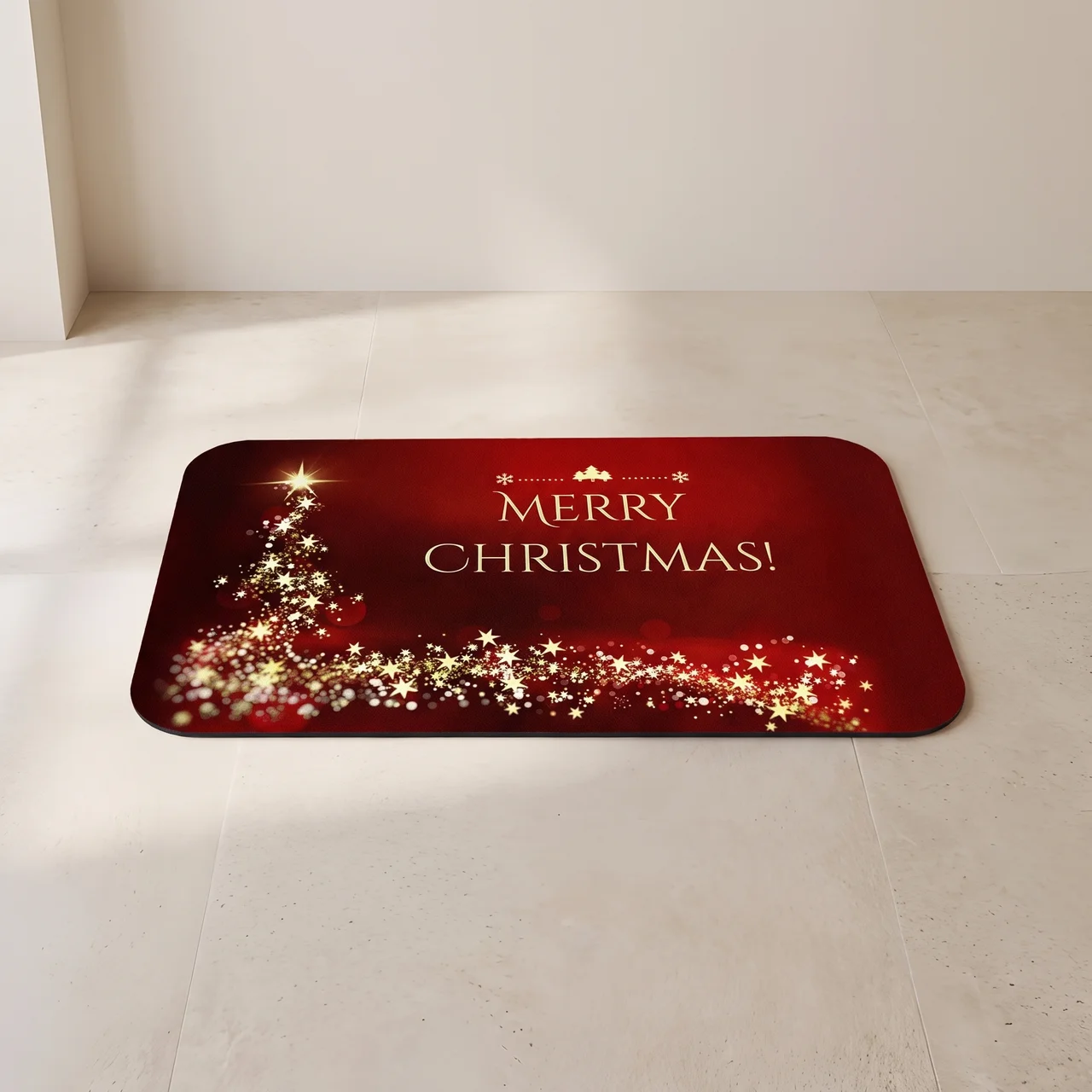A rectangular red Christmas-themed floor mat with rounded corners, featuring a glowing gold Christmas tree and the words 'MERRY CHRISTMAS!' in white, placed on a light beige tiled floor.