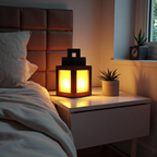 Lamp on a nightstand next to a bed with soft lighting