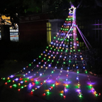 Colorful string lights arranged in a triangular formation on a dark background