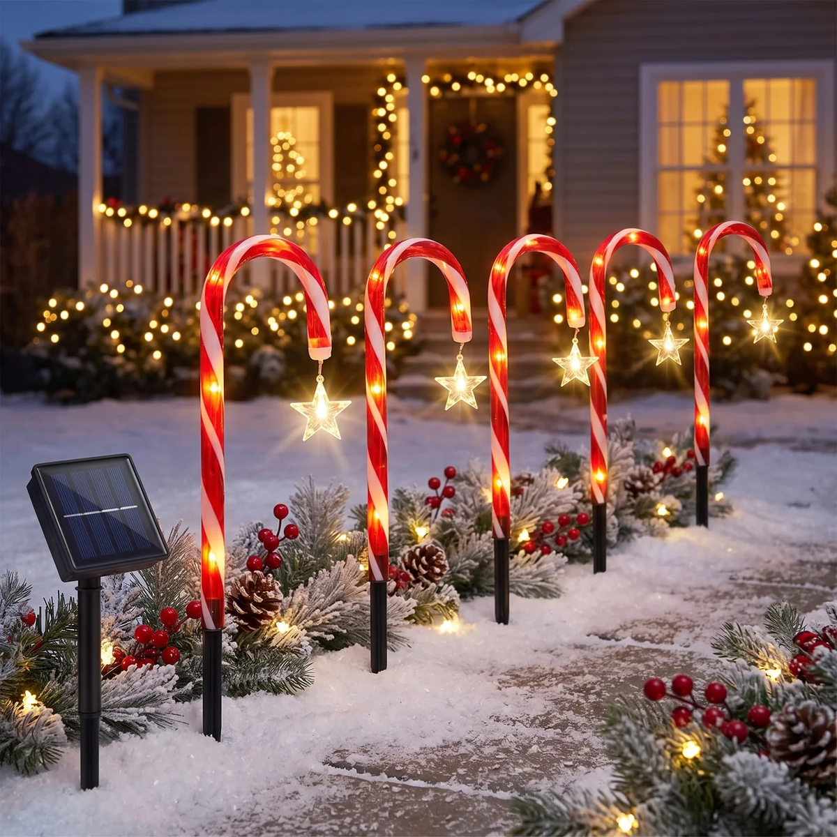 Solar-powered Christmas yard lights featuring large red and white candy cane stakes with glowing warm white star lights, arranged in a snowy front yard pathway next to a small solar panel, with a decorated house porch in the background.
