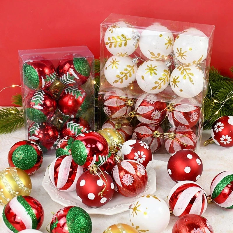 A collection of Christmas ball ornaments in red, green, and white, with some ornaments packaged in clear plastic bags and others displayed on a white plate against a red background.