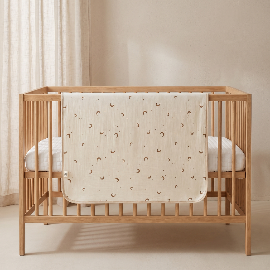 A light natural wood crib with a cream-colored muslin blanket featuring a brown crescent moon pattern, shown in a softly lit nursery setting.