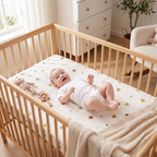 A baby in a white onesie lies on a cream-colored mattress protector inside a light wood crib. The protector has a subtle striped texture and small teddy bear prints.