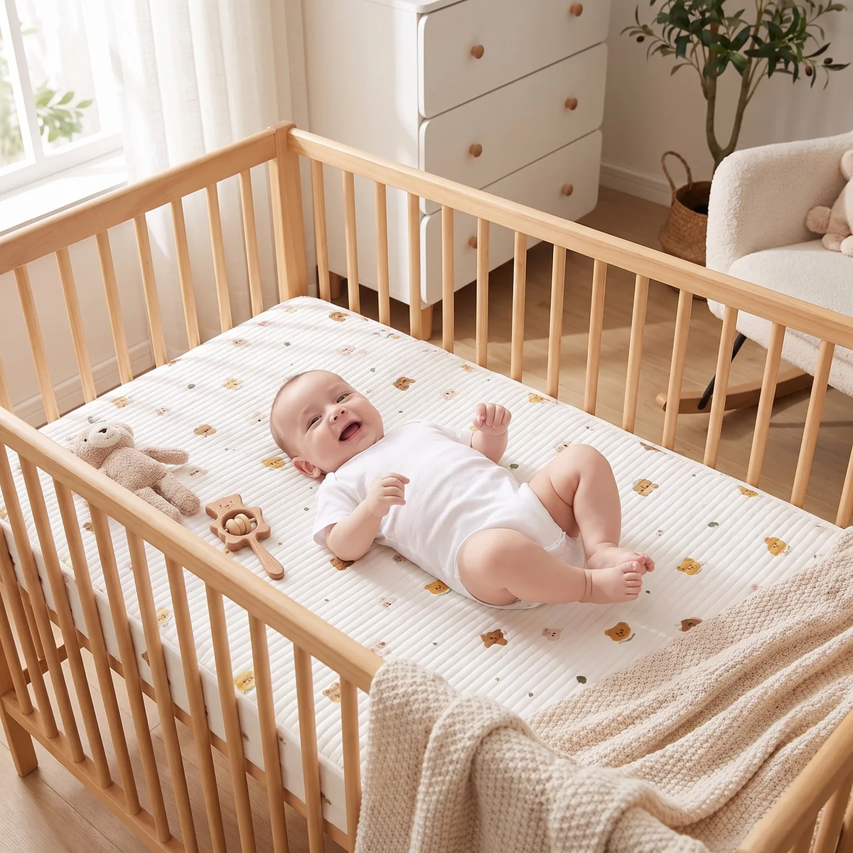 A baby in a white onesie lies on a cream-colored mattress protector inside a light wood crib. The protector has a subtle striped texture and small teddy bear prints.