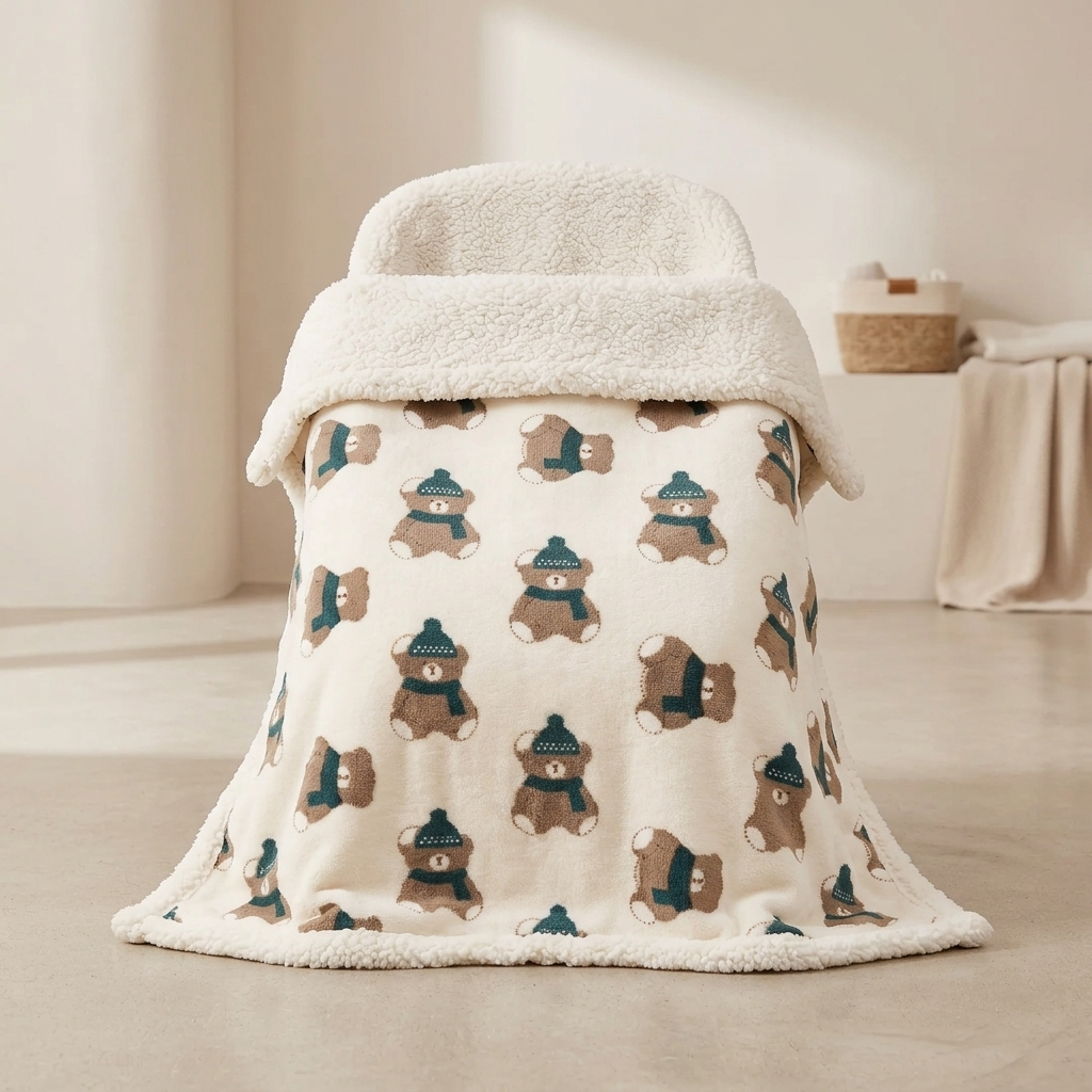 A plush cream-colored blanket draped over a chair in a softly lit room. The blanket features an allover pattern of teddy bears wearing teal hats and brown scarves, with a thick, soft fleece-like cream border.