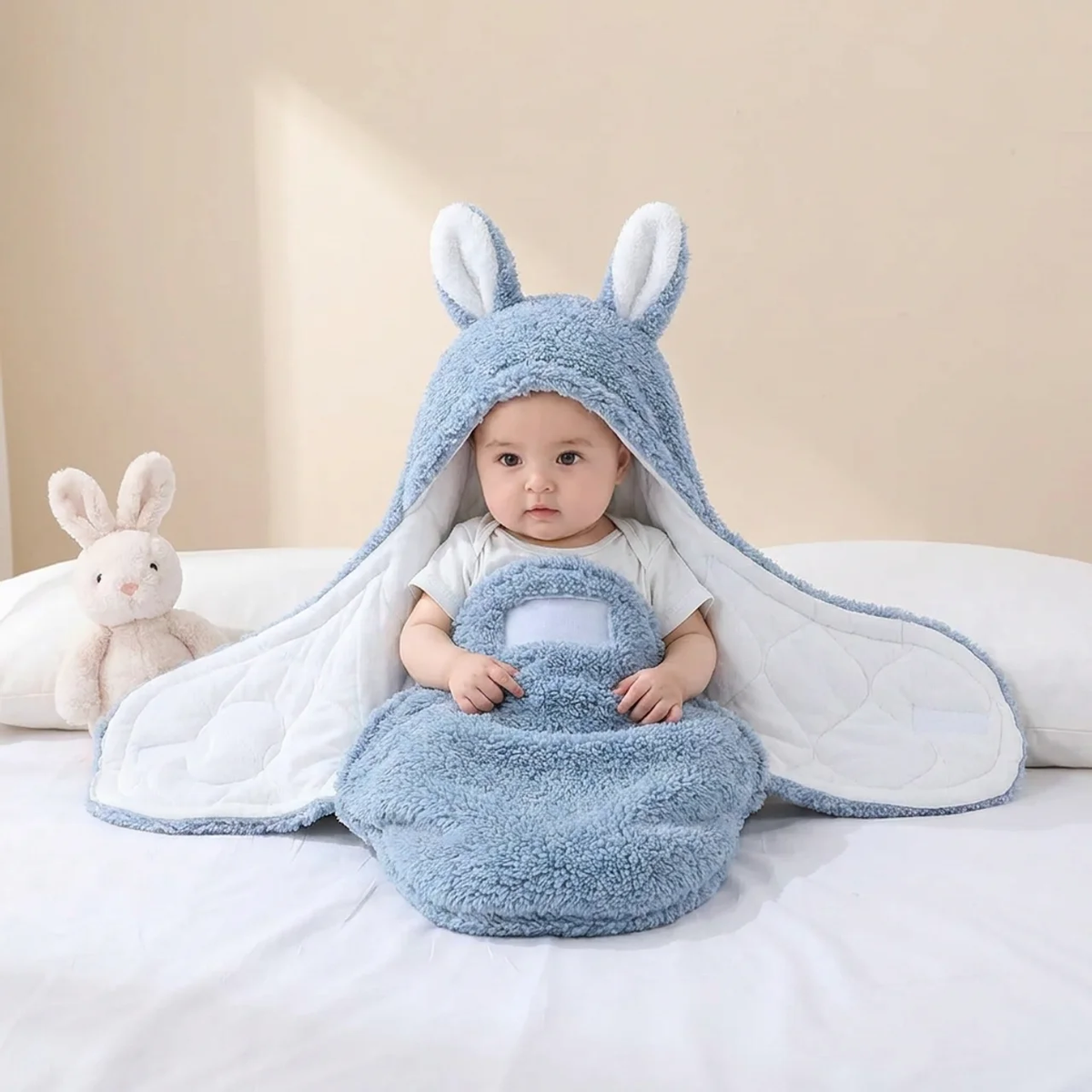 A baby sits wrapped in a plush blue bunny hooded blanket with white inner lining, photographed on a white bed with a stuffed bunny toy beside them.