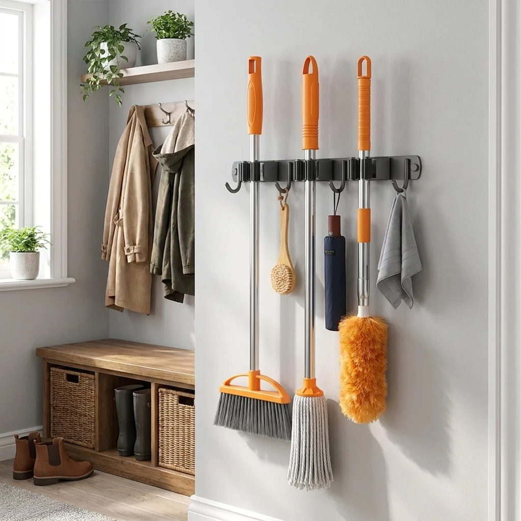 A wall-mounted multi-hook cleaning tool organizer holding several household cleaning supplies, including a broom, mop, duster, brush, and cloth, in a bright room with a bench, window, and hanging coats.