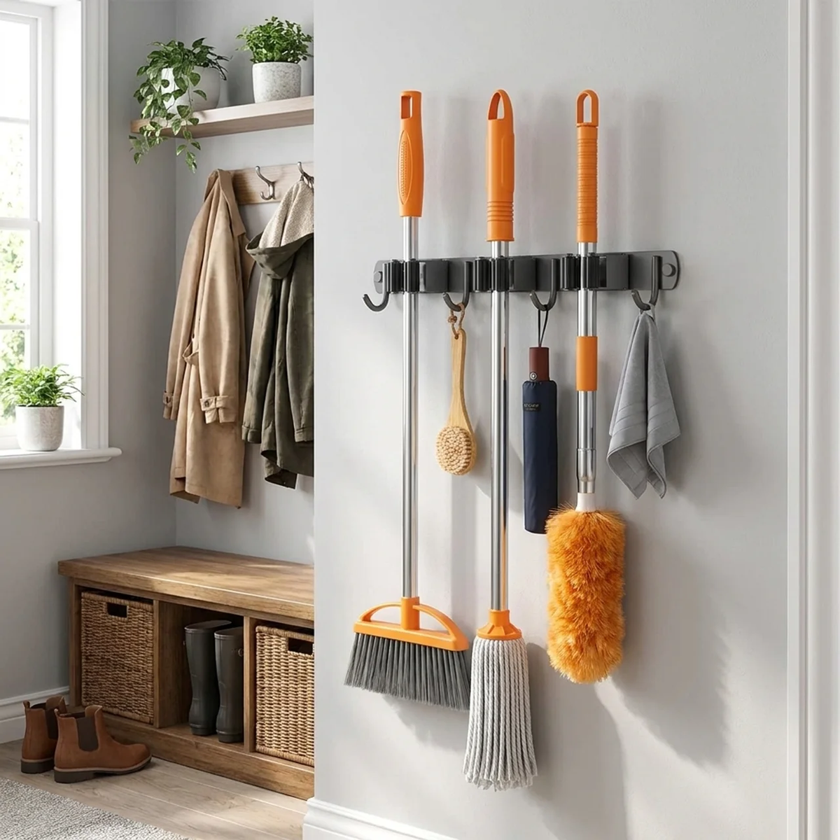 A wall-mounted multi-hook cleaning tool organizer holding several household cleaning supplies, including a broom, mop, duster, brush, and cloth, in a bright room with a bench, window, and hanging coats.