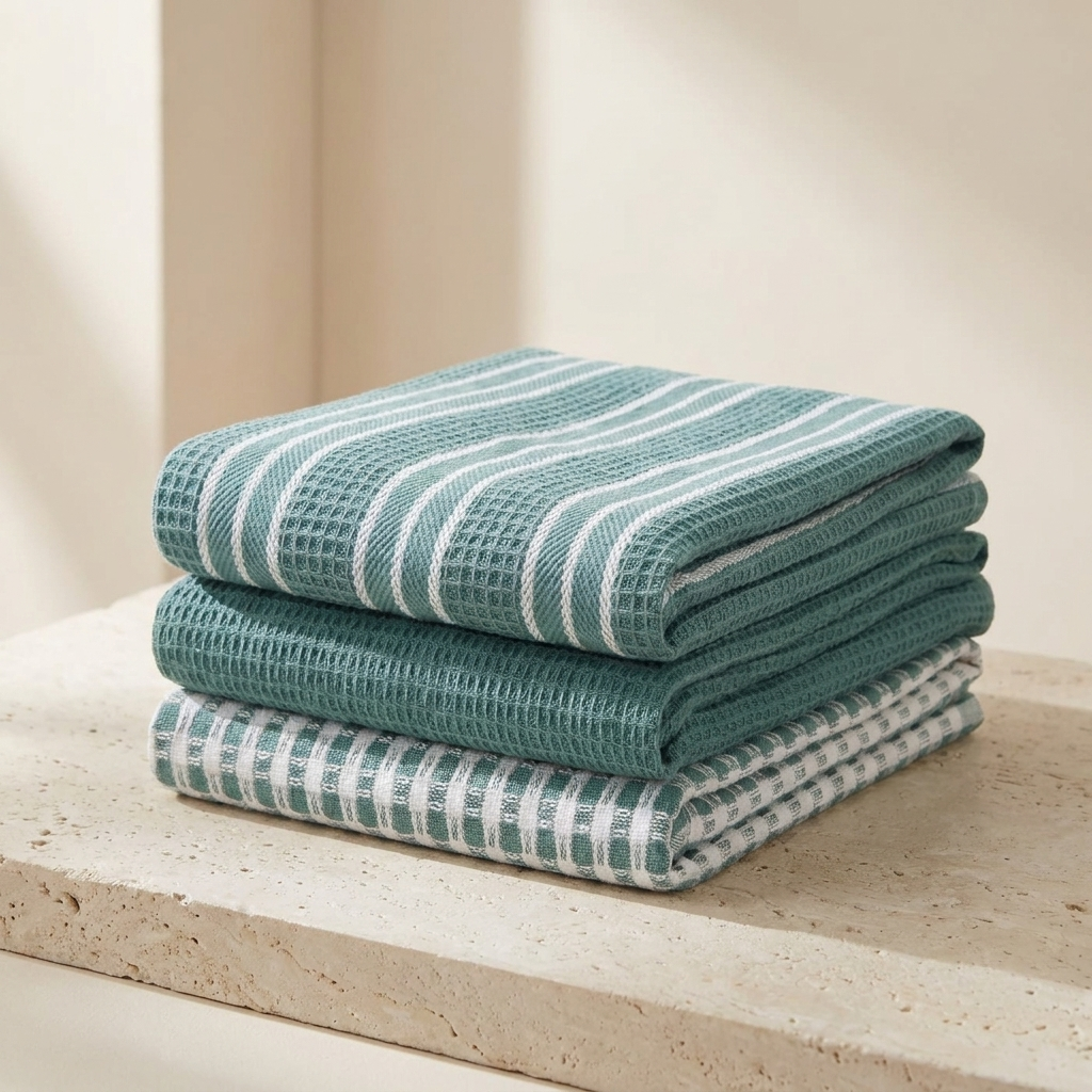 Cotton Kitchen Towels Set of 3, Absorbent Flat Weave