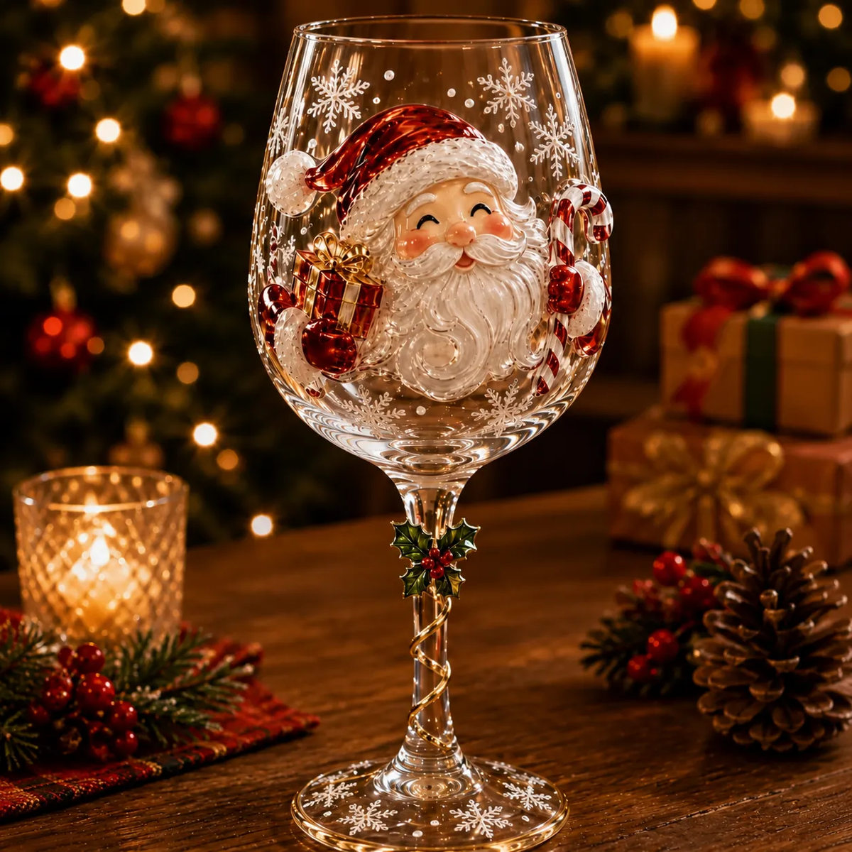 Christmas Wine Glass with 3D Festive Decorations
