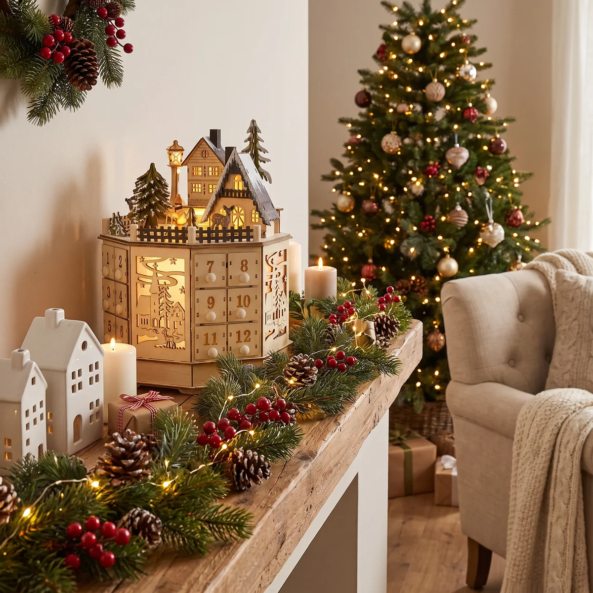 Wooden Advent Calendar with 24 Drawers and Warm LED Lights
