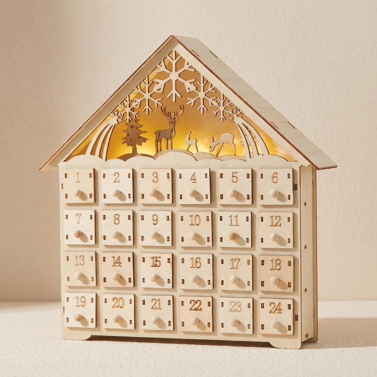 Wooden Advent Calendar with 24 Drawers and Warm LED Lights