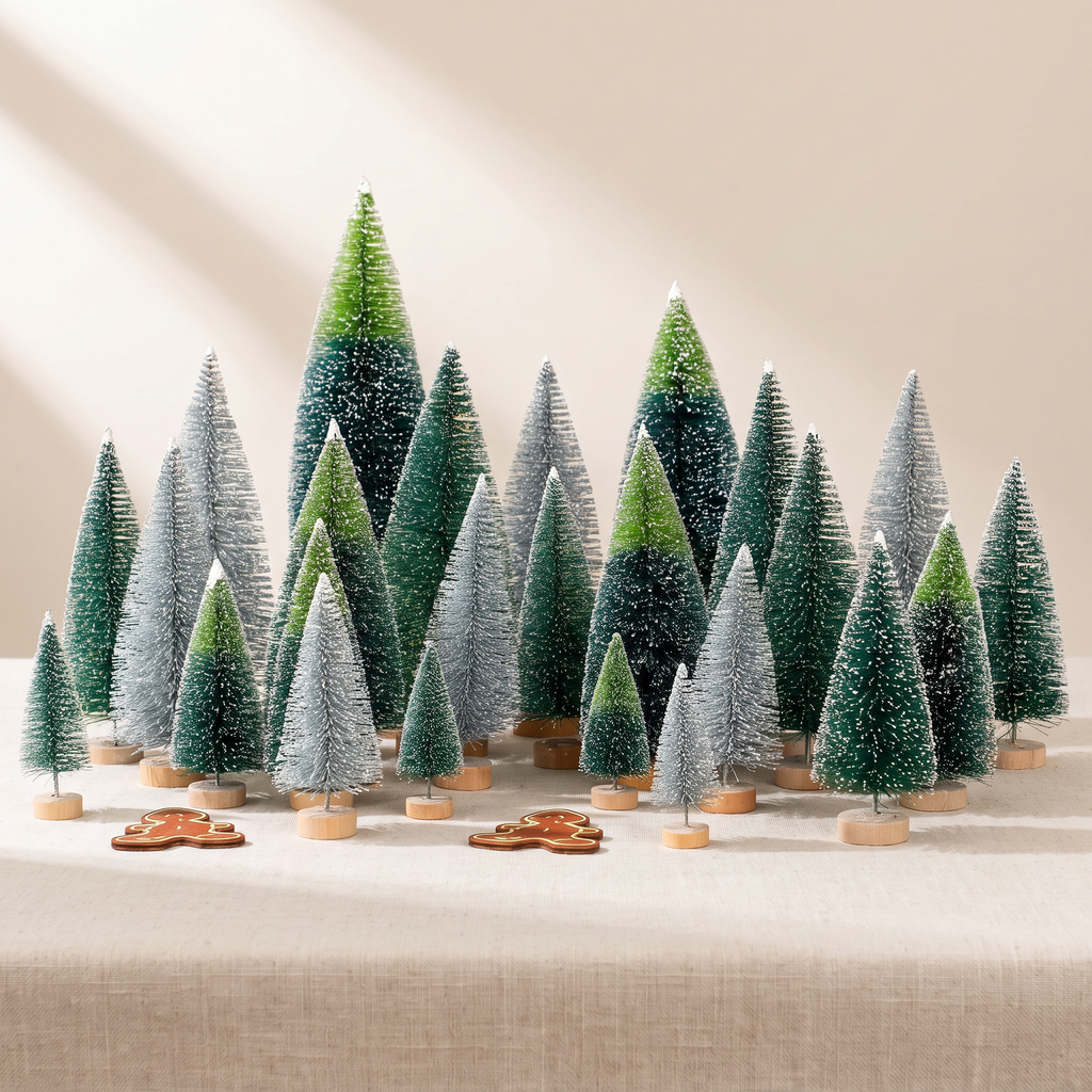 Mini Christmas Trees Set of 30 with Snow Effect and Wooden Bases